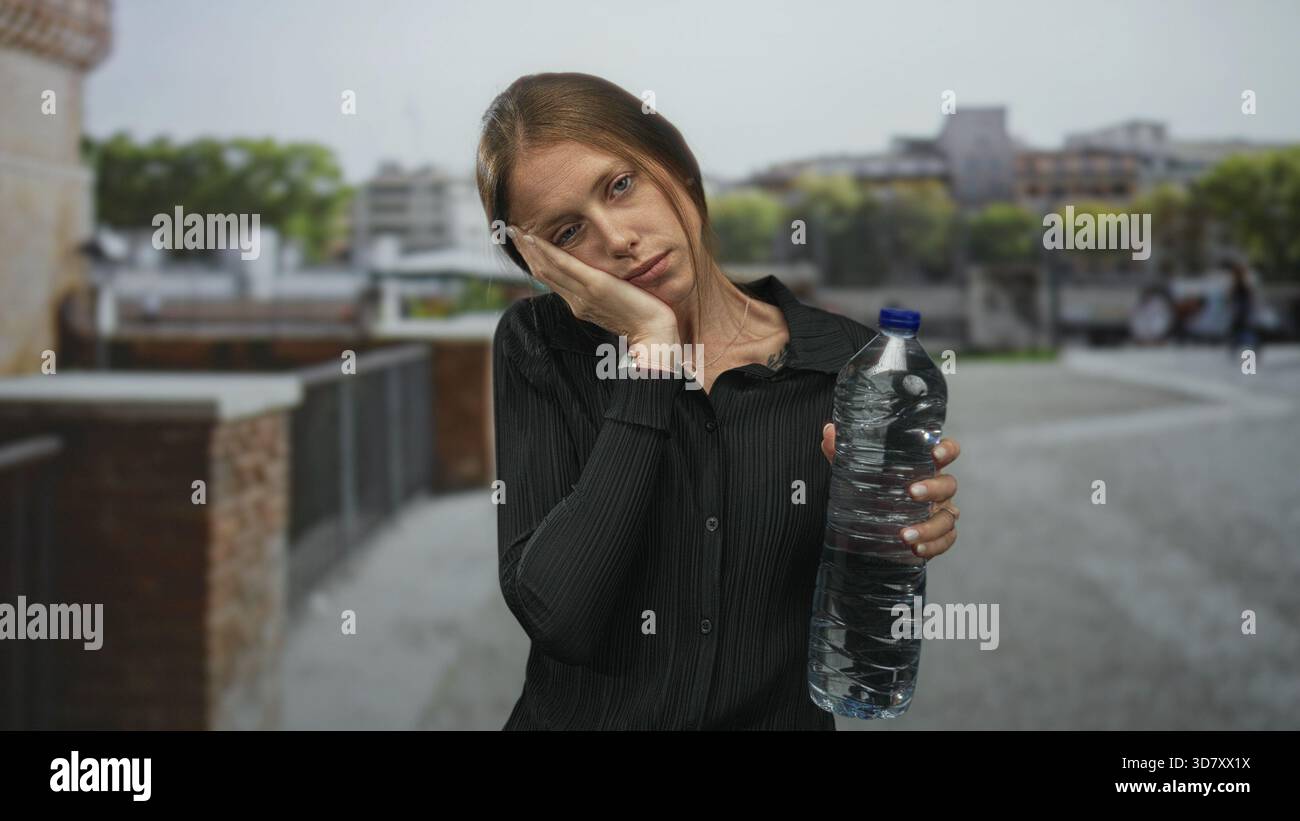 Femme tenant une bouteille d'eau et se reposant la tête sur la main avec la main sur la joue dans la rue par une passerelle de bâtiment ; soif de fatigue. Banque D'Images