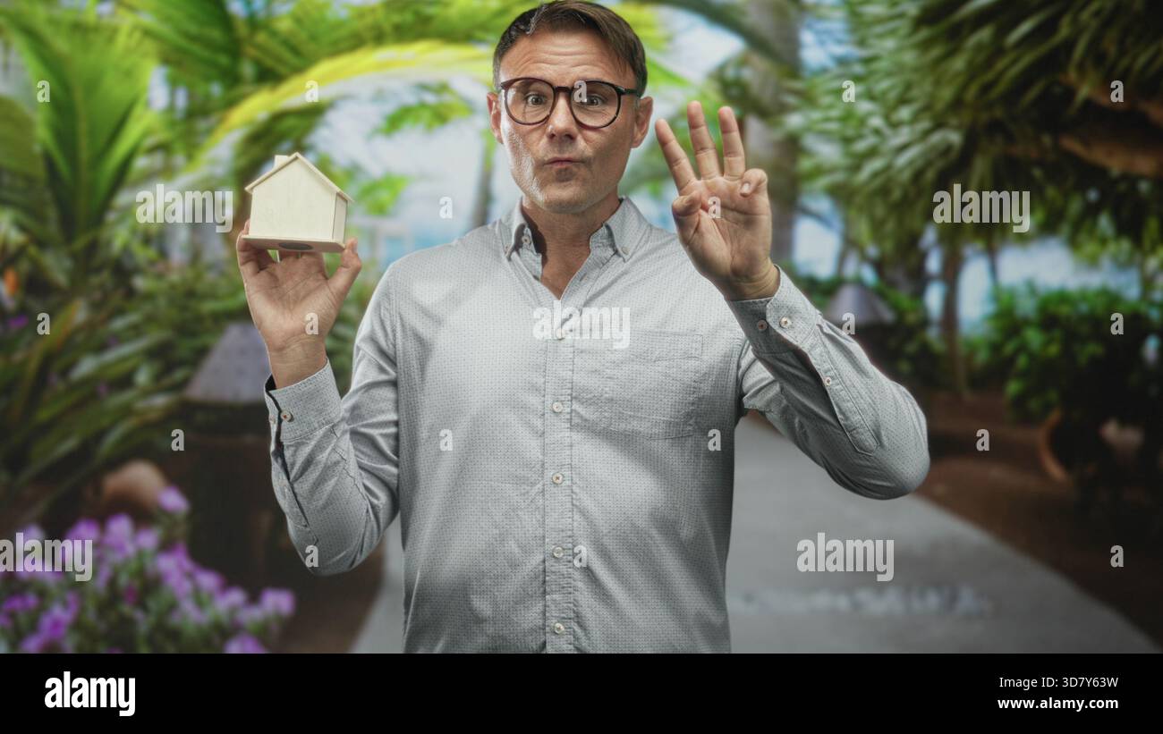 Homme portant des lunettes et une chemise à boutons tient un petit modèle de maison en bois dans la main gauche et montre quatre doigts avec la main droite dans le studio ; propriété i Banque D'Images