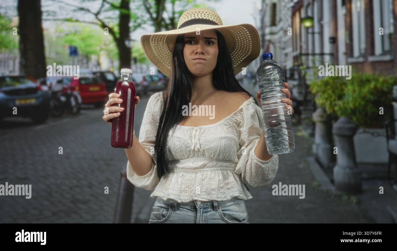 Femme tenant une bouteille de jus rouge dans la main gauche et une bouteille d'eau claire dans la main droite dans une rue, expression incertaine haussement d'épaules ; indécision de choix. Banque D'Images