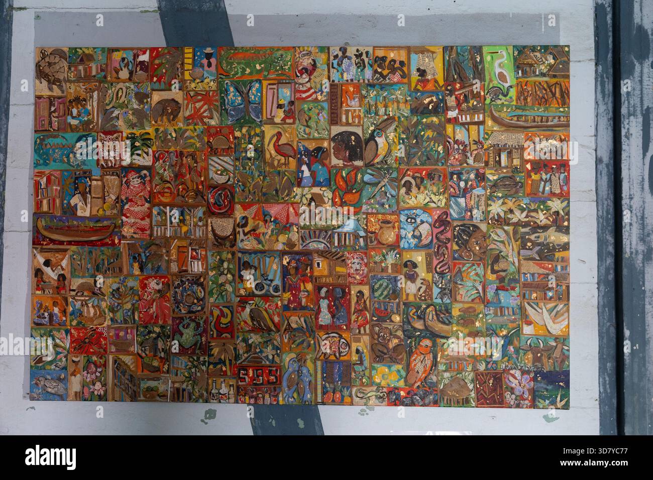 Peinture à l'huile et collage 'Pêle-mêle mosaïque' de 2025 par Olivia Debyser au musée Alexandre Franconie à Cayenne, Guyane française. Banque D'Images