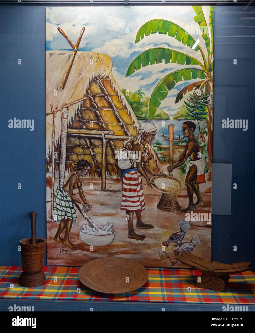Une illustration de la vie quotidienne chez les Bushi-Nengué en Guyane française, département de France en S.America, au musée Franconie à Cayenne. Banque D'Images