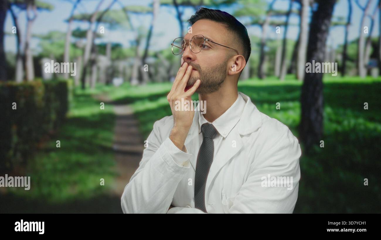 Jeune homme en manteau blanc et lunettes pose soigneusement dans un parc verdoyant, entouré d'arbres luxuriants, contemplant des idées par une journée ensoleillée. Banque D'Images