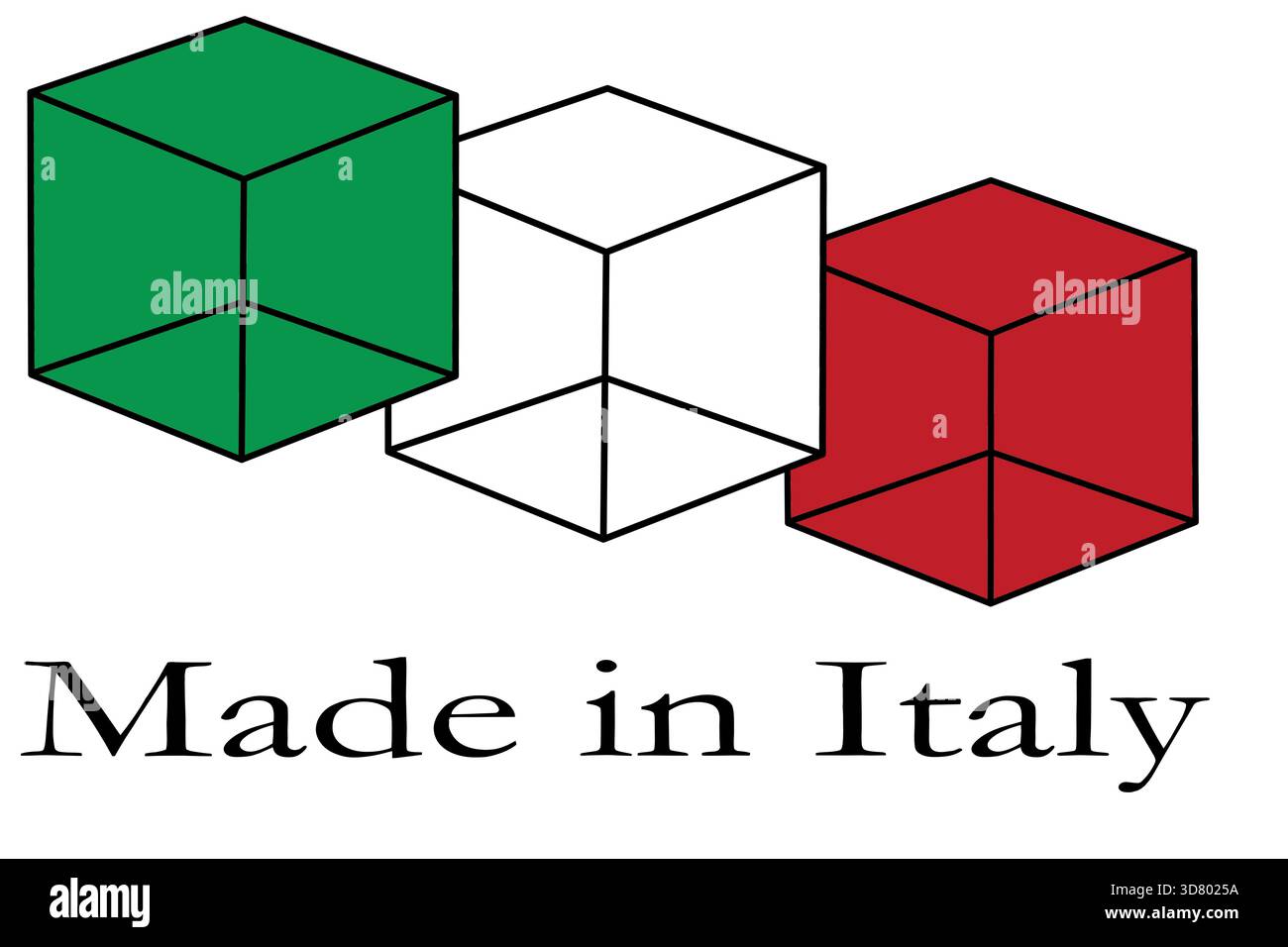 Marque de qualité Made in Italy sur fond blanc avec cubes tricolores. Banque D'Images