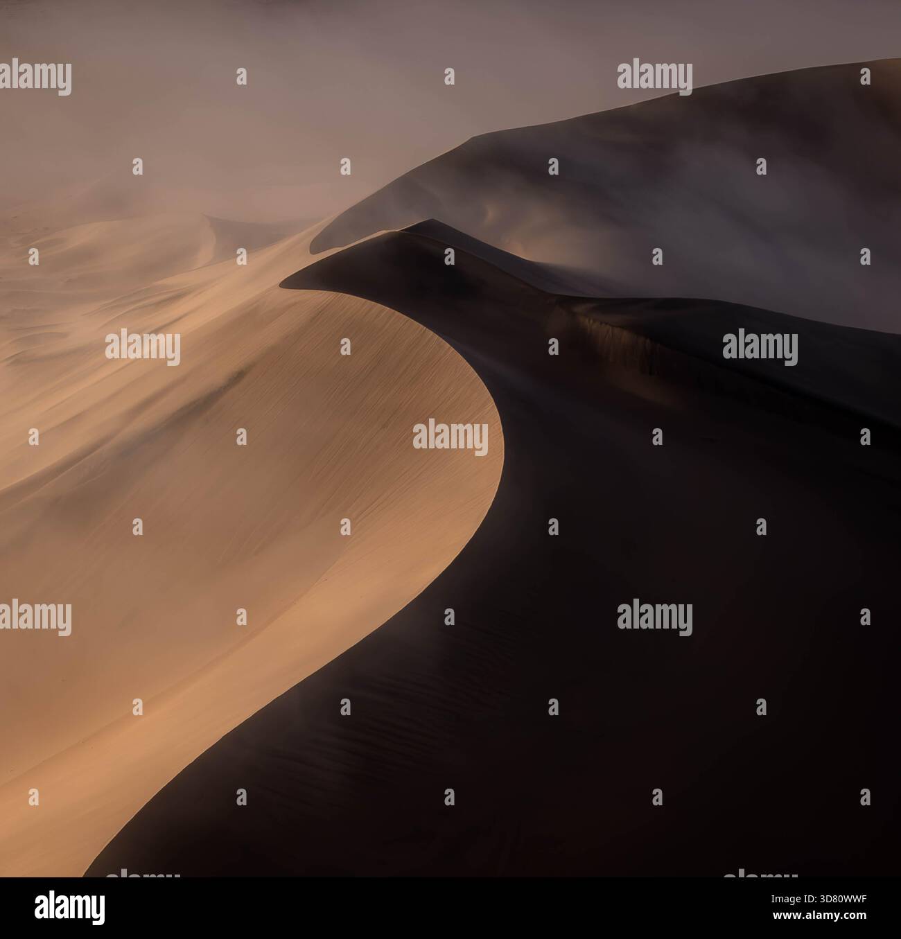 Vue aérienne de la brume dérivant sur les dunes de sable du désert de Namib, en Namibie. Banque D'Images