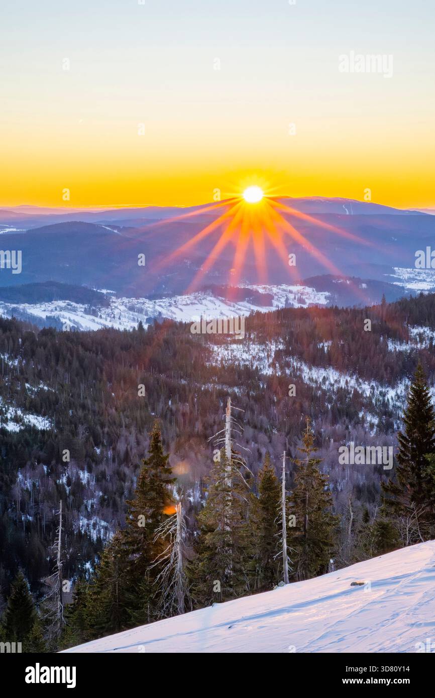 Lever de soleil sur les collines de la république tchèque du Mont Lusen dans la forêt bavaroise en hiver, Allemagne, Bavière, Parc National de la forêt bavaroise Banque D'Images