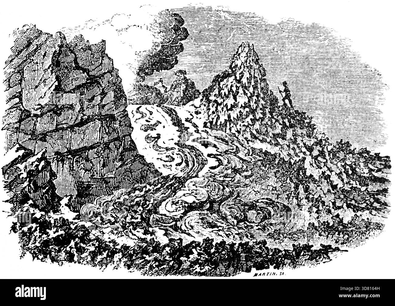 Coulée de lave coulante après l'éruption du Vésuve, catastrophe naturelle, géologie, Golfe de Naples, Campanie, fumée, éruption, chaleur, roche, randonneur, curiosité, Banque D'Images