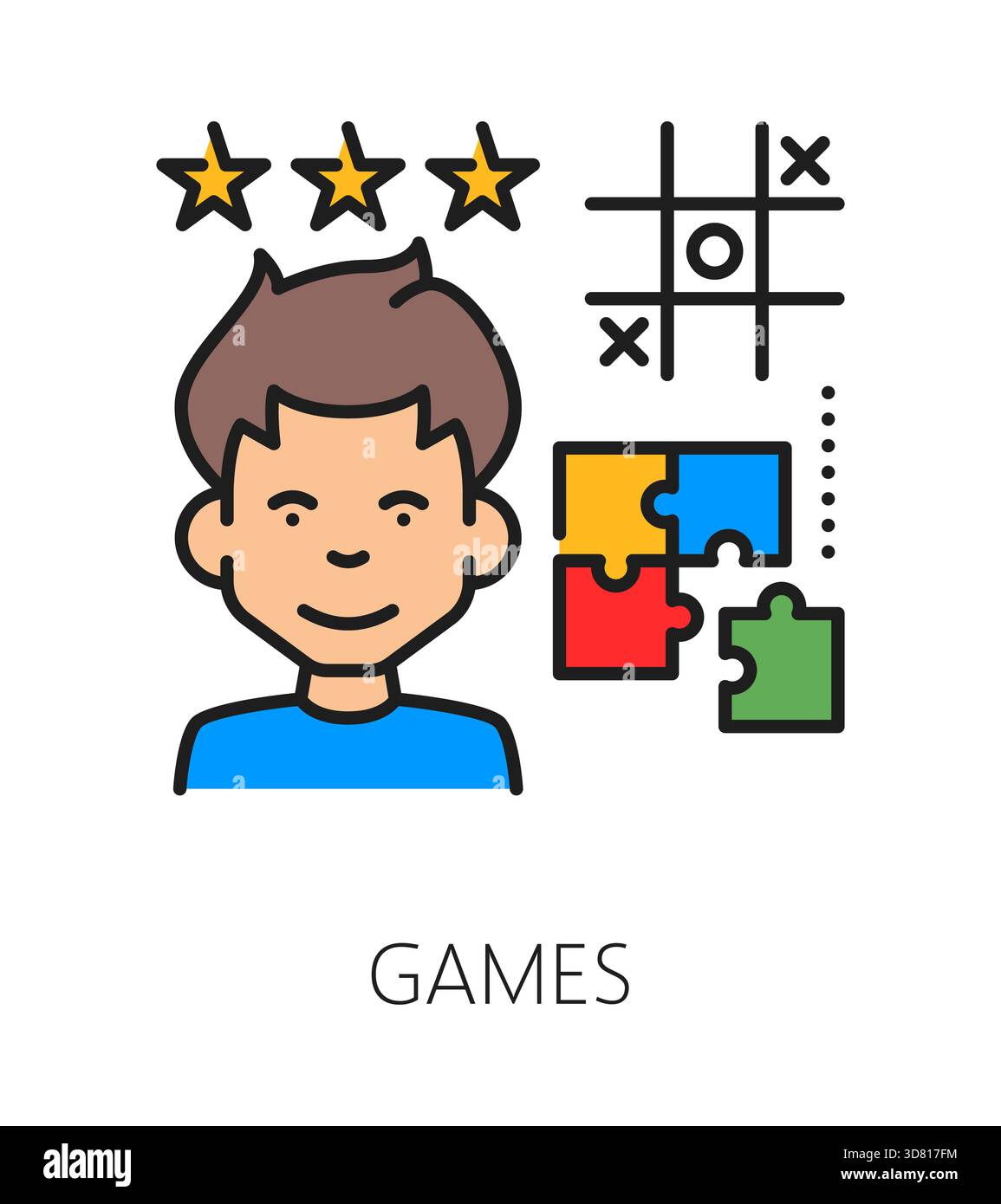 Jeux pour enfants capacité cognitive ligne de couleur icône ou étiquette. Icône de vecteur de thérapie de fonction cérébrale, signe de développement d'intelligence d'enfants. Symbole de capacité mentale avec personnage de garçon, puzzle et jeu TIC-tac-toe Illustration de Vecteur