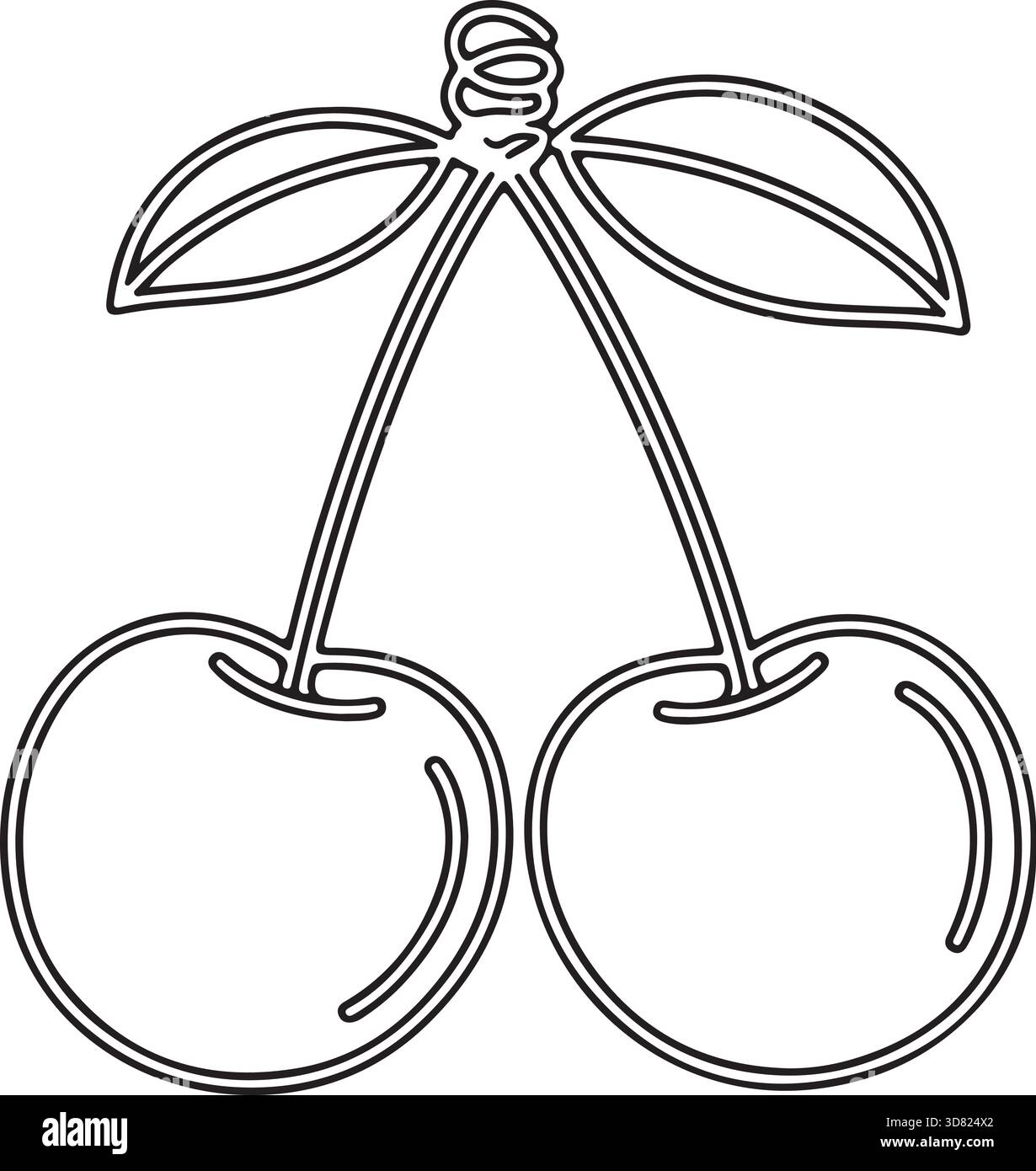 Dessin de contour de deux cerises avec des feuilles cerise, dessin au trait, contour, fruit, dessin, Illustration de Vecteur