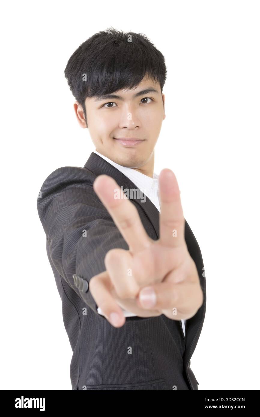 Homme d'affaires vous donner un geste de paix, gros plan portrait sur fond blanc Banque D'Images