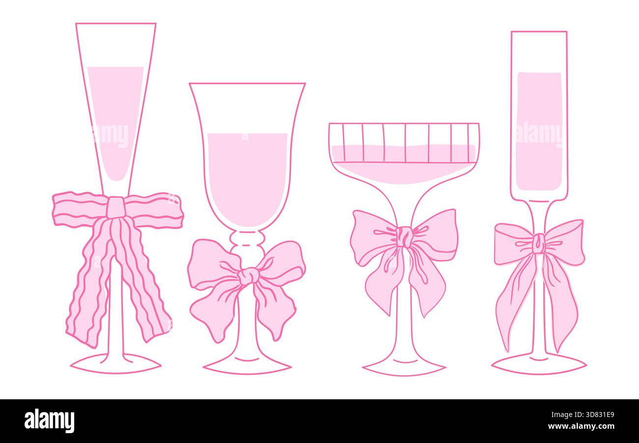 Quatre élégants verres roses décorés de noeuds, parfaits pour servir des boissons. Ces verres élégants créent une ambiance festive pour les fêtes ou les fêtes Illustration de Vecteur