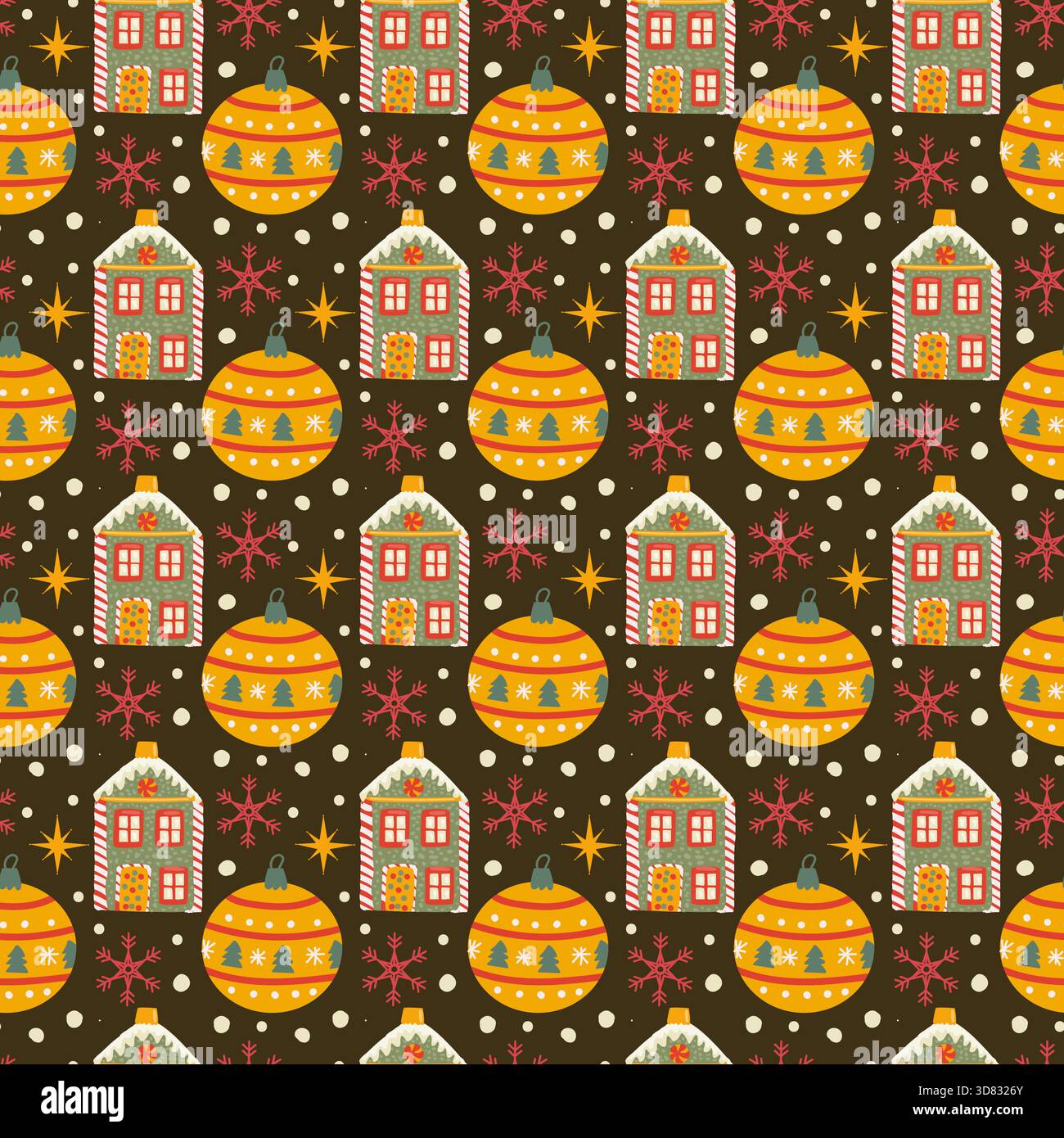 Motif de Noël avec des maisons de pain d'épices cookies et ornements dans le style plat de bande dessinée. Illustration vectorielle sur fond sombre. Motif de Noël pour k Illustration de Vecteur