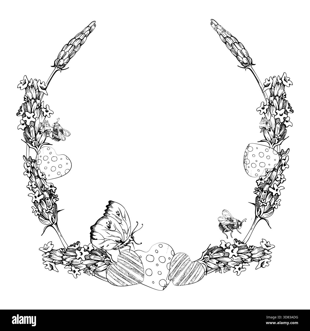 Coeur façonne embellissement, papillon sur les fleurs de lavande lavandula. Illustration de cadre de couronne isolée dessinée à la main dans l'encre vectorielle. Thèmes de jardin Illustration de Vecteur