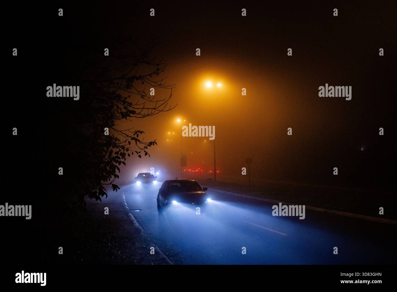 Voitures sur l'autoroute dans le brouillard Banque D'Images