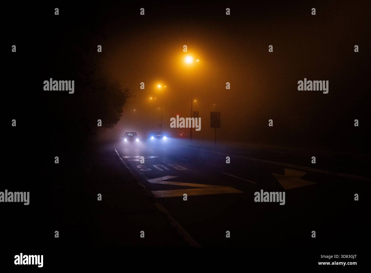Voitures sur l'autoroute dans le brouillard Banque D'Images