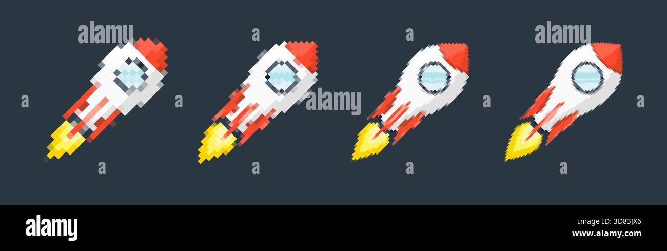 Pixel art fusée avec des pistes enflammées, des jeux rétro, des designs sur le thème de l'espace, des applications ou des animations. style 8 bits pour la technologie, la science-fiction et le futurisme Illustration de Vecteur