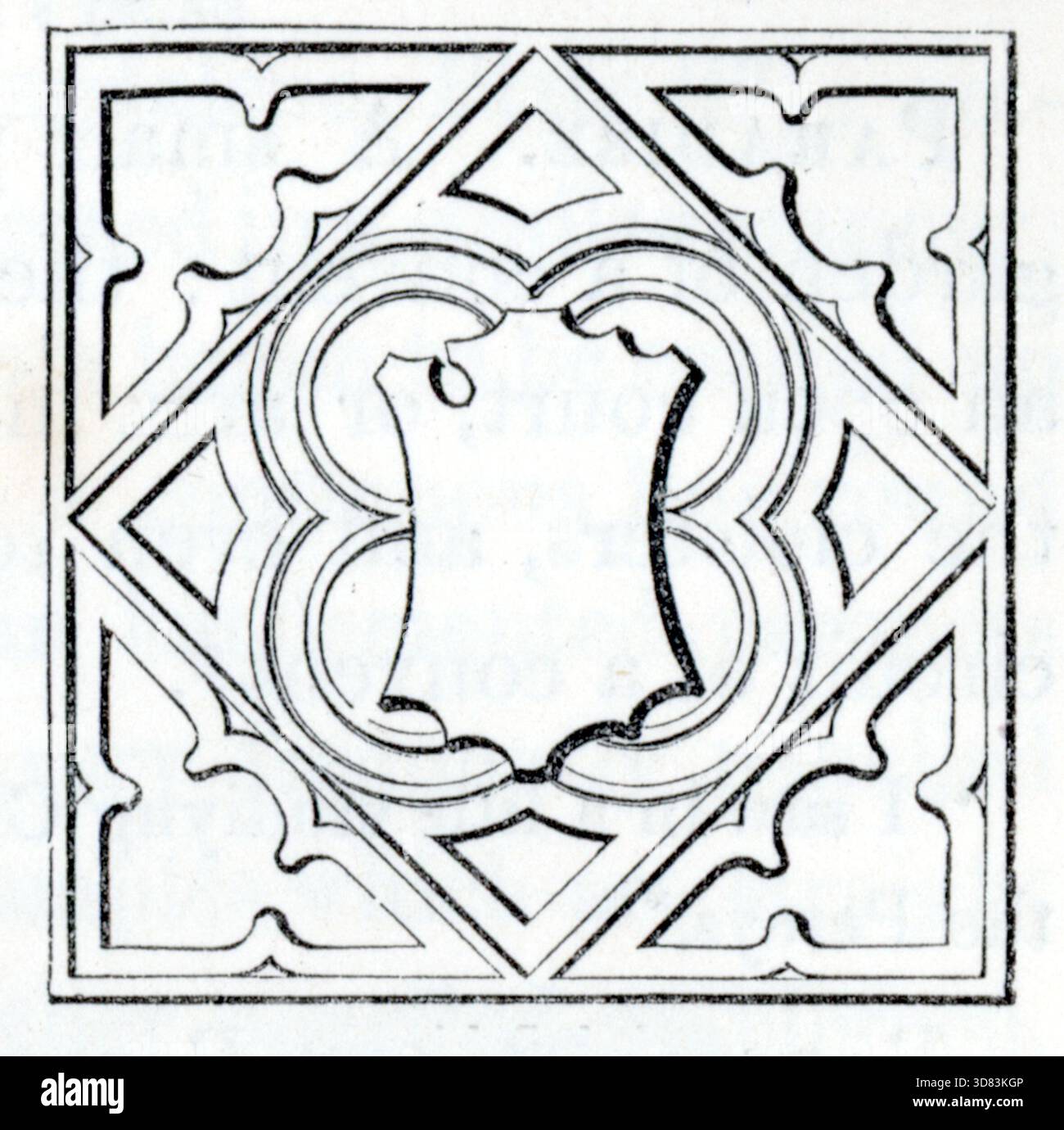 Une forme centrale en forme de bouclier est encadrée par un quadruple feuille et enfermée dans un carré. Des motifs floraux stylisés ancrent chaque coin, avec des formes de losanges entre eux. Le design symétrique évoque l’ornementation gothique ou médiévale, rendue avec précision gravée et équilibre décoratif. Extrait d'une collection de gravures sur bois publiée dans la 4e édition (agrandie) d'Un Glossaire des termes utilisés dans l'architecture grecque, romaine, italienne et gothique, qui a été publiée en 1845. Dans certains cas, les pages avaient un peu de foxing modéré, qui peut être visible dans mes photographies. Banque D'Images