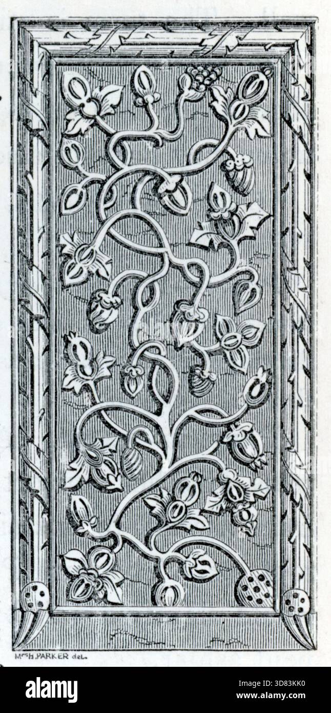 Un panneau sculpté montre une vigne sinueuse avec des feuilles, des bourgeons et des fleurs stylisées. La conception symétrique est encadrée par une bordure de lignes diagonales et de rosettes d'angle. La gravure reflète l'ornementation classique et 1845 artisanat dans la décoration architecturale ou de mobilier. Extrait d'une collection de gravures sur bois publiée dans la 4e édition (agrandie) d'Un Glossaire des termes utilisés dans l'architecture grecque, romaine, italienne et gothique, qui a été publiée en 1845. Dans certains cas, les pages avaient un peu de foxing modéré, qui peut être visible dans mes photographies. Banque D'Images