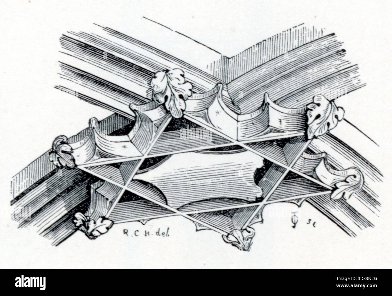 Plaque architecturale victorienne montrant un motif de plafond voûté complexe formé par des nervures qui se croisent. Le design crée une configuration étoilée avec des bosses de feuillage ornées à chaque jonction, rendues avec des ombres fines pour souligner la précision géométrique, le rythme structurel et la richesse décorative de la construction de voûte médiévale. Extrait d'une collection de gravures sur bois publiée dans la 4e édition (agrandie) d'Un Glossaire des termes utilisés dans l'architecture grecque, romaine, italienne et gothique, qui a été publiée en 1845. Banque D'Images