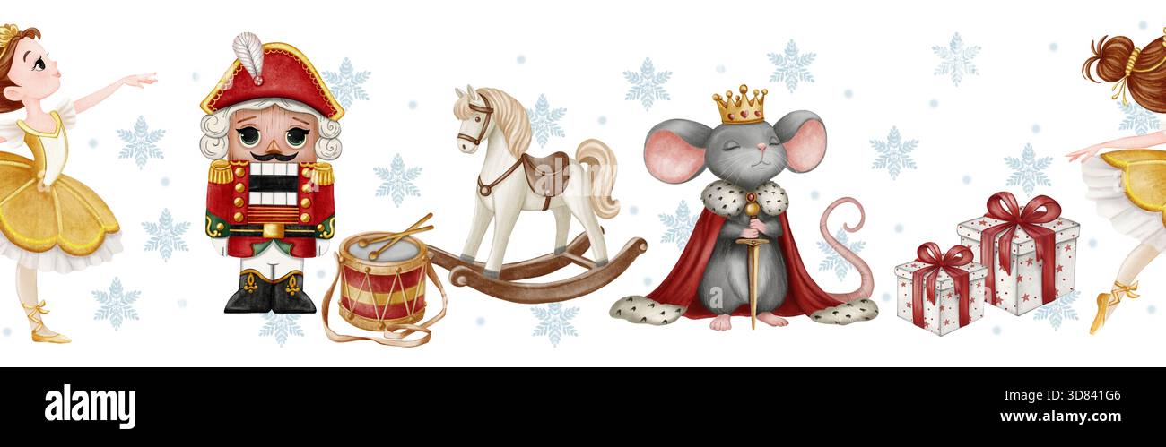 Bordure sans couture avec le casse-noisette, une ballerine, un cheval à bascule, le Roi souris, un tambour, et des cadeaux sur fond de flocons de neige Banque D'Images
