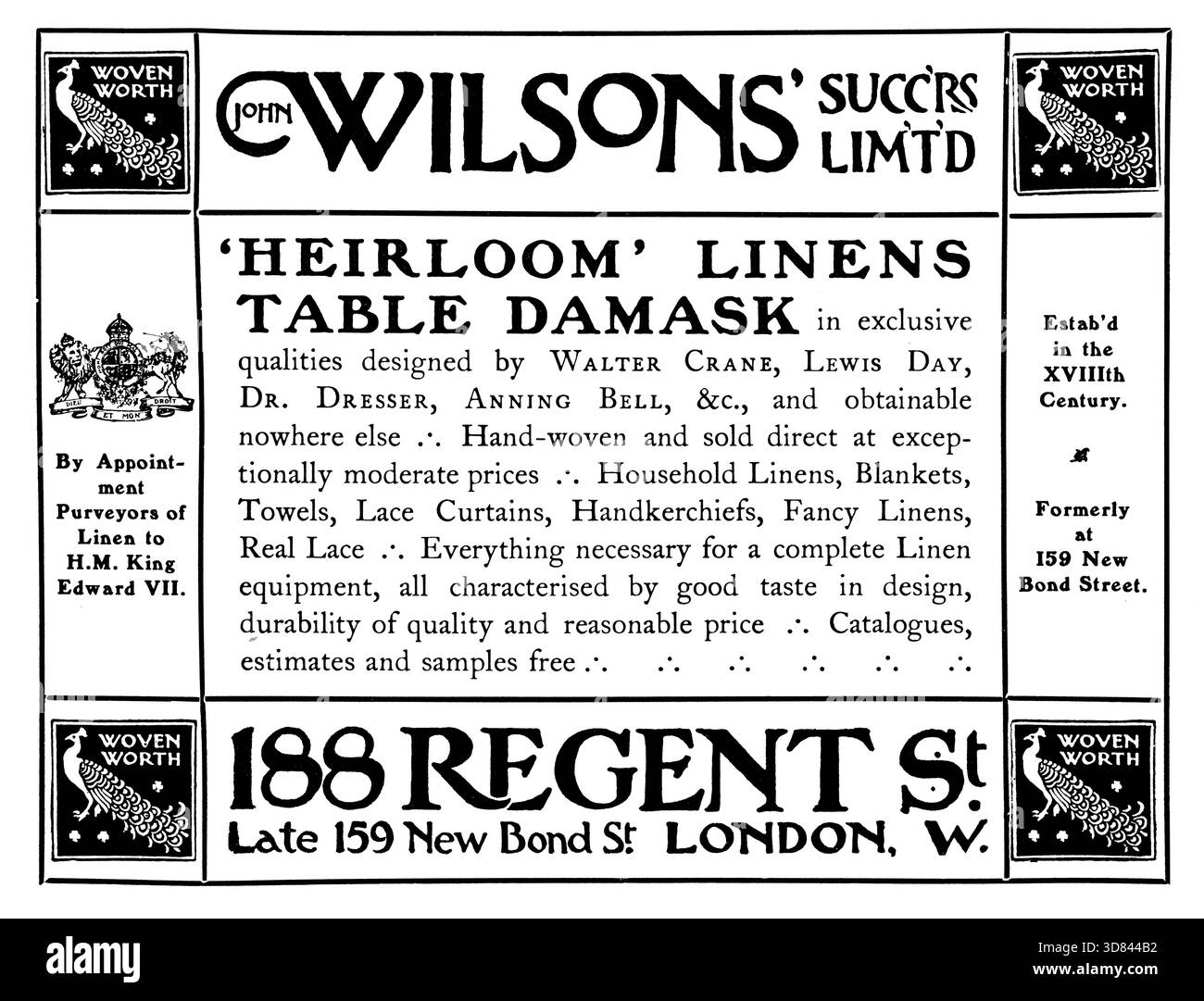1907 John Wilson's Heirloom Linens table Damask publicité du magazine Studio Banque D'Images