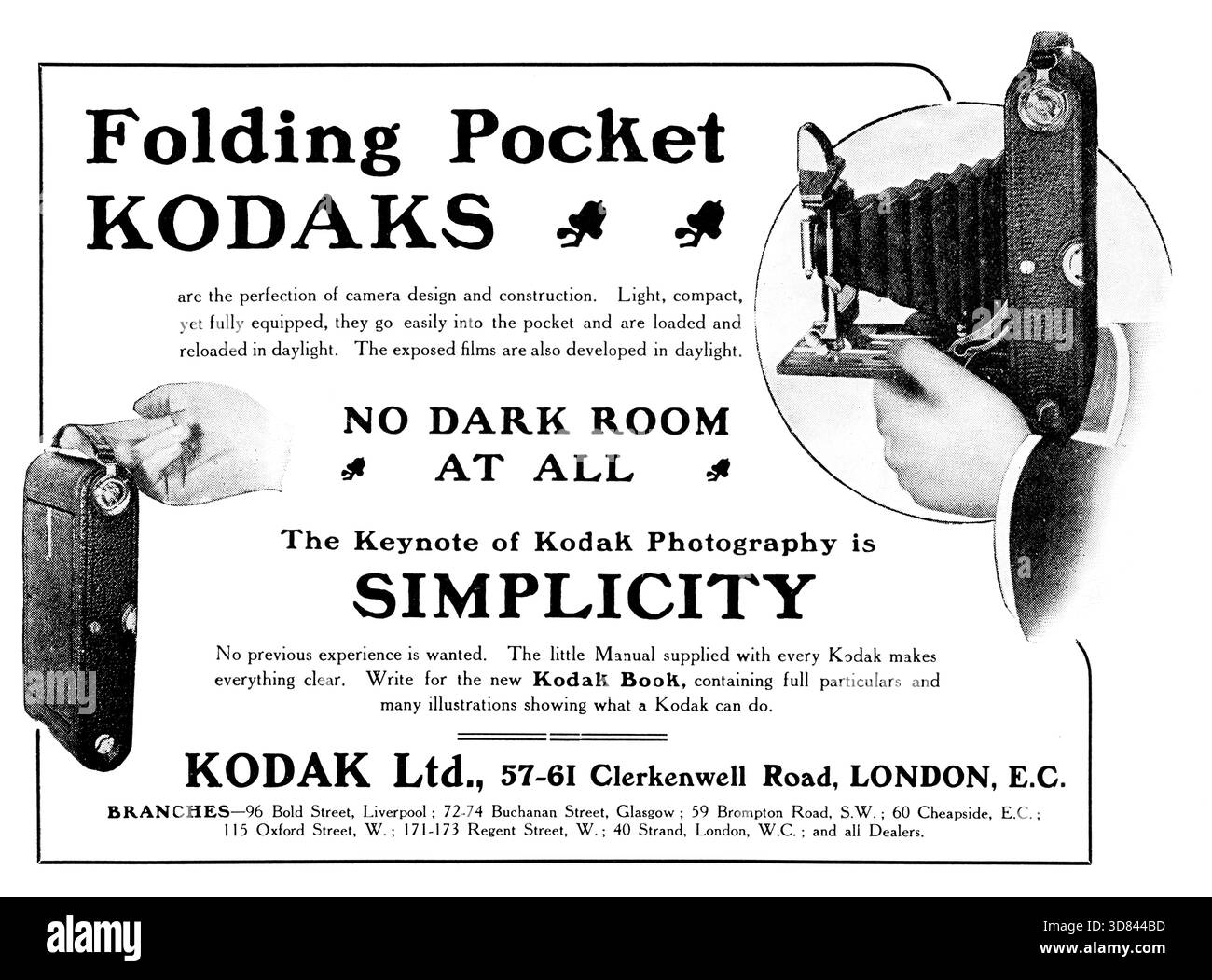 1907 poche pliante Kodak, publicité pour appareil photo en rouleau du magazine Studio Banque D'Images