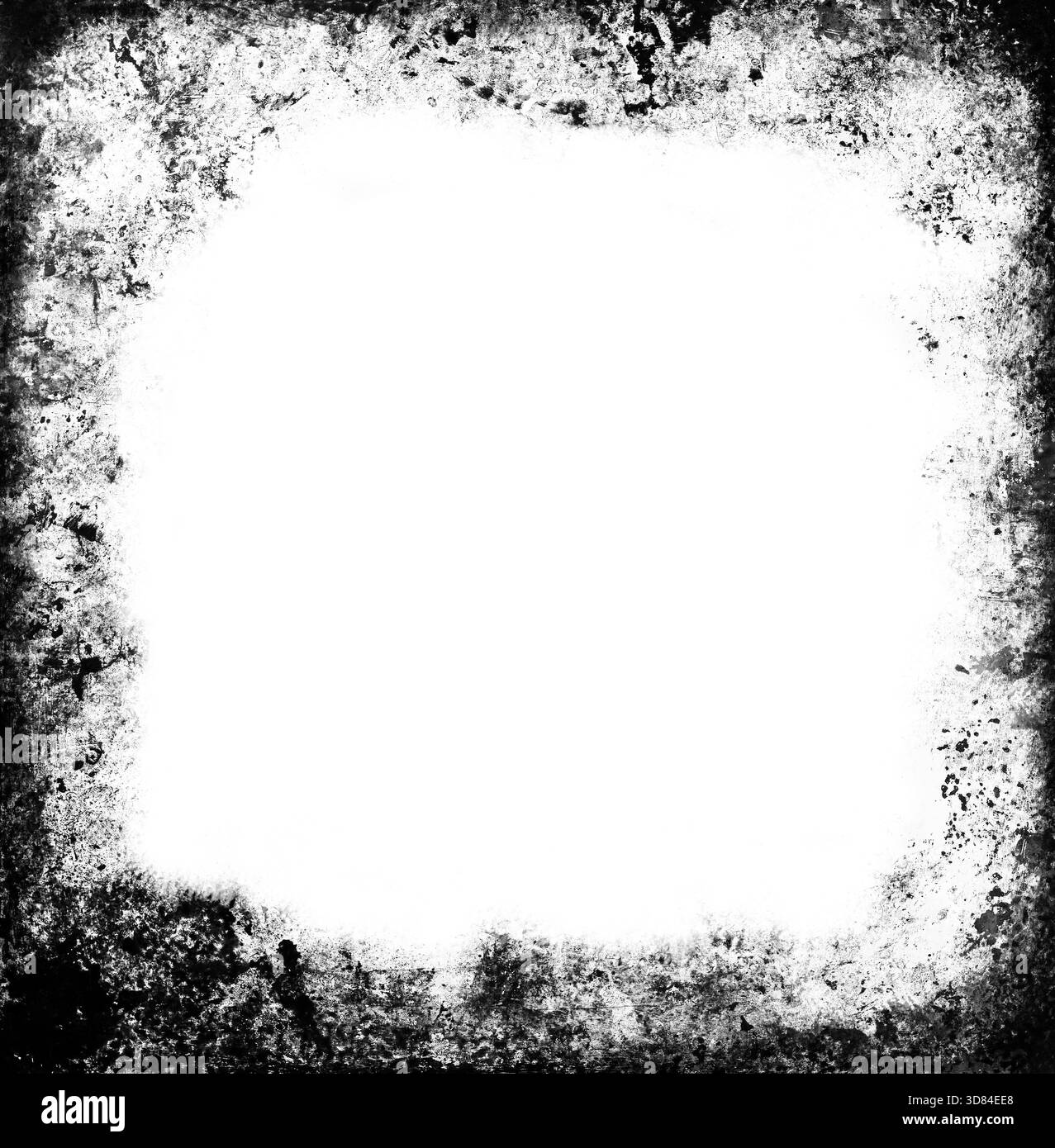 Superposition abstraite de bordure grunge noir et blanc créant un effet de cadre texturé avec espace de copie, évoquant des sentiments de décomposition, d'esthétique vintage et de arrière-plans vieillis Banque D'Images