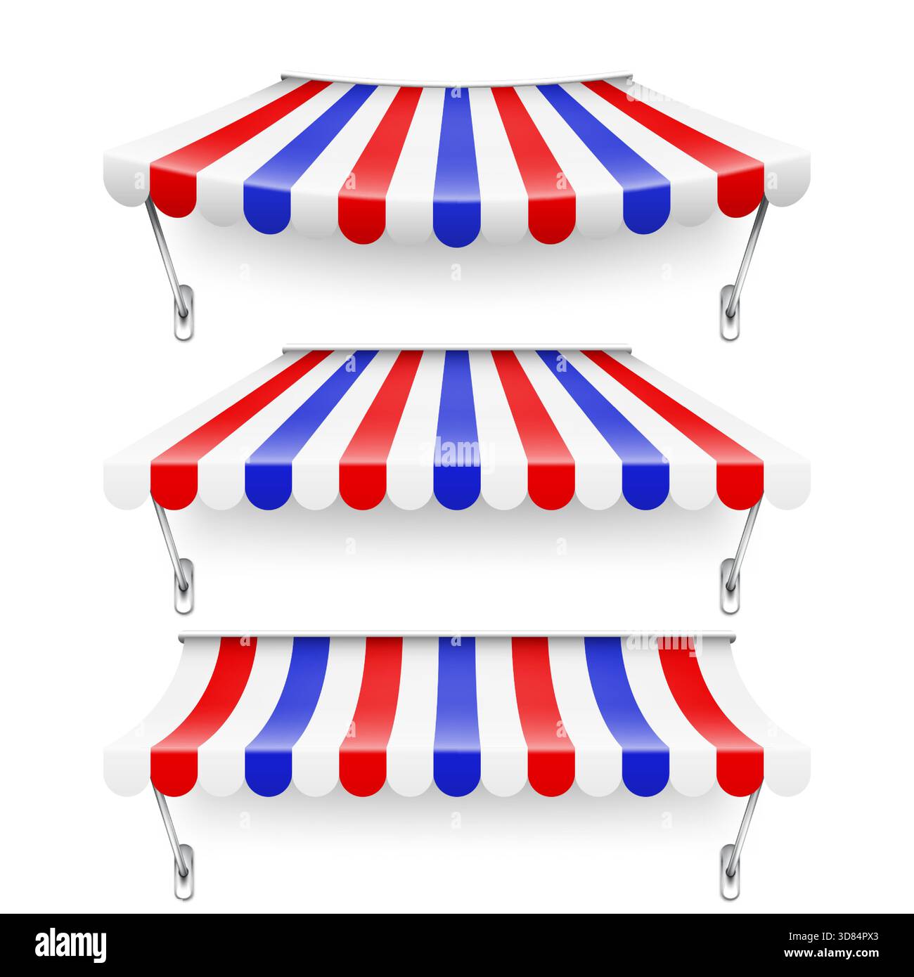 Achetez le pare-soleil avec support en métal. Auvent de café rayé réaliste. Tente de marché extérieure. Auvent de toit aux couleurs du drapeau français. Magasin de rue d'été. Vecteur Illustration de Vecteur