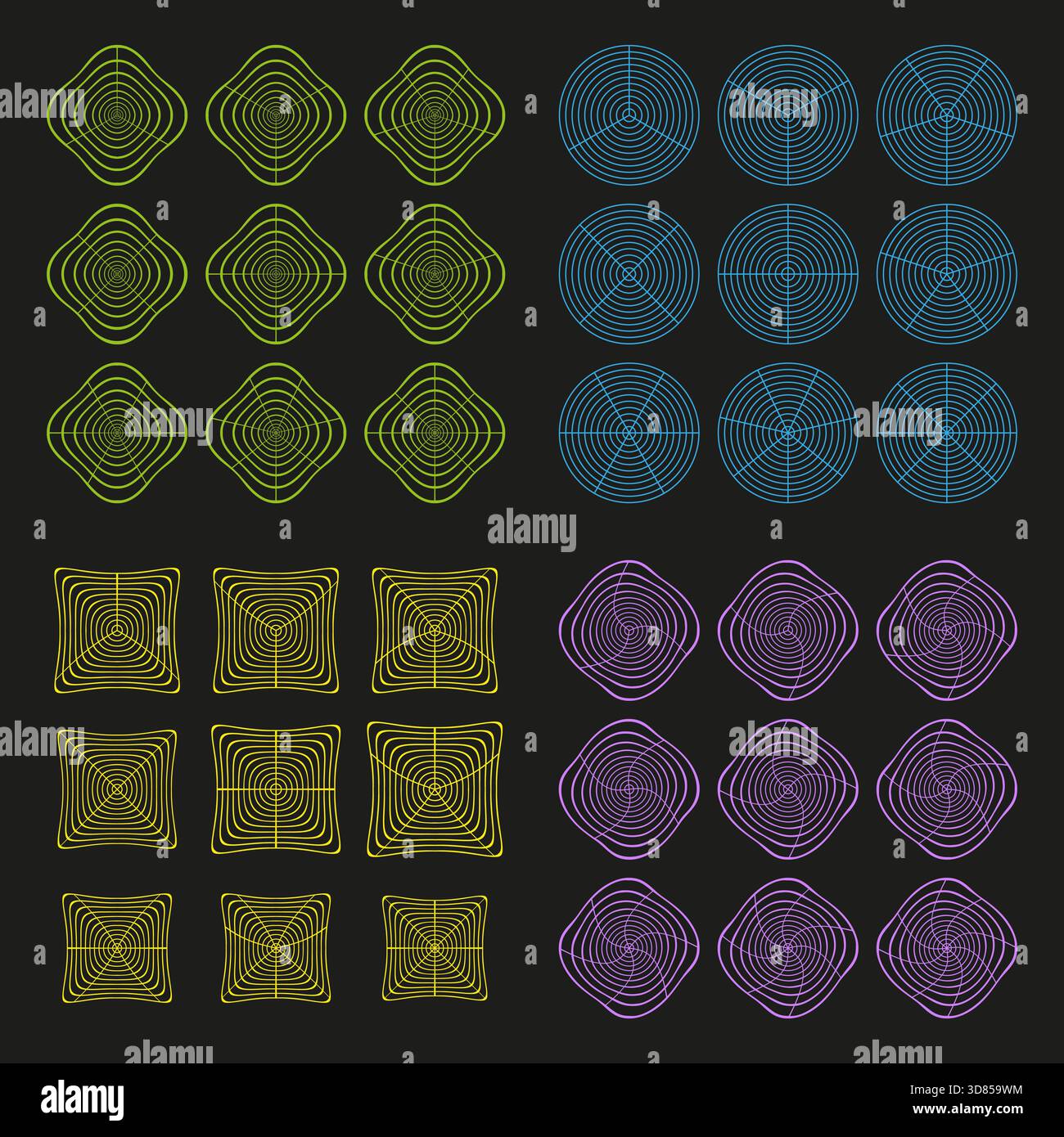 Formes de lignes concentriques. Formes de cible colorées. Vecteur graphique abstrait. Motif d'arrière-plan sombre. Illustration de Vecteur