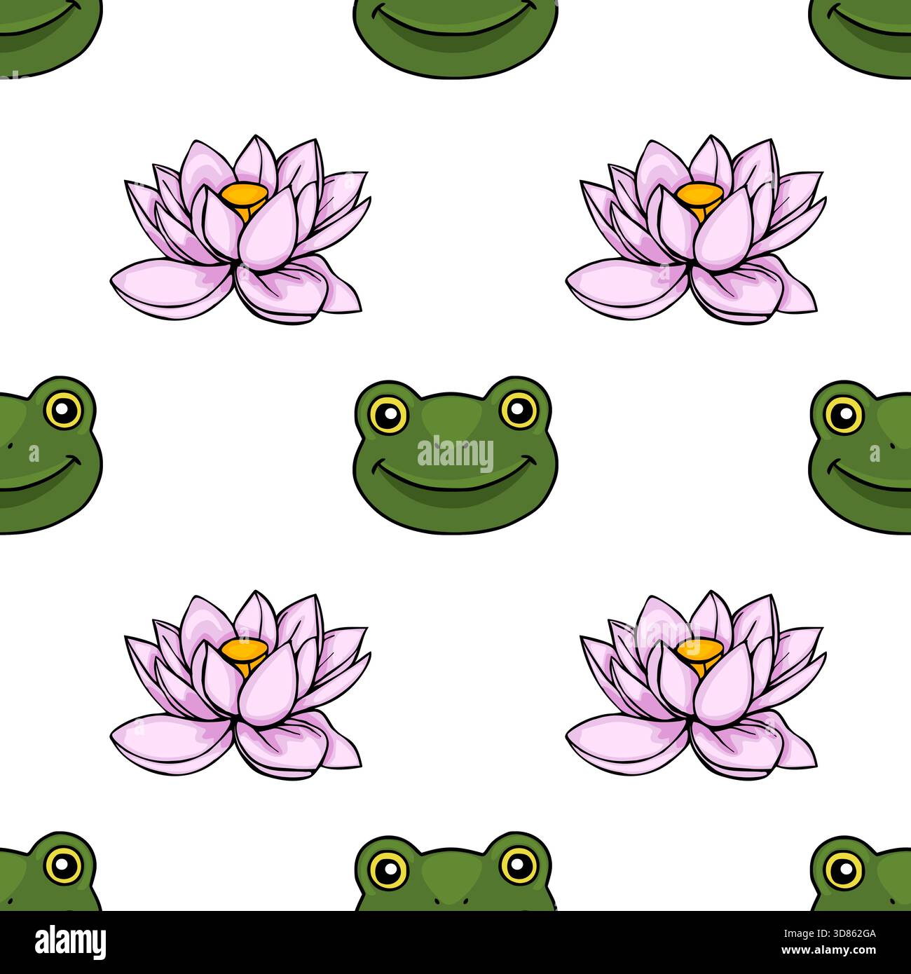 Modèle vectoriel sans couture avec grenouilles de bande dessinée joyeuses et nénuphars roses délicats sur un fond blanc propre. Illustration de Vecteur