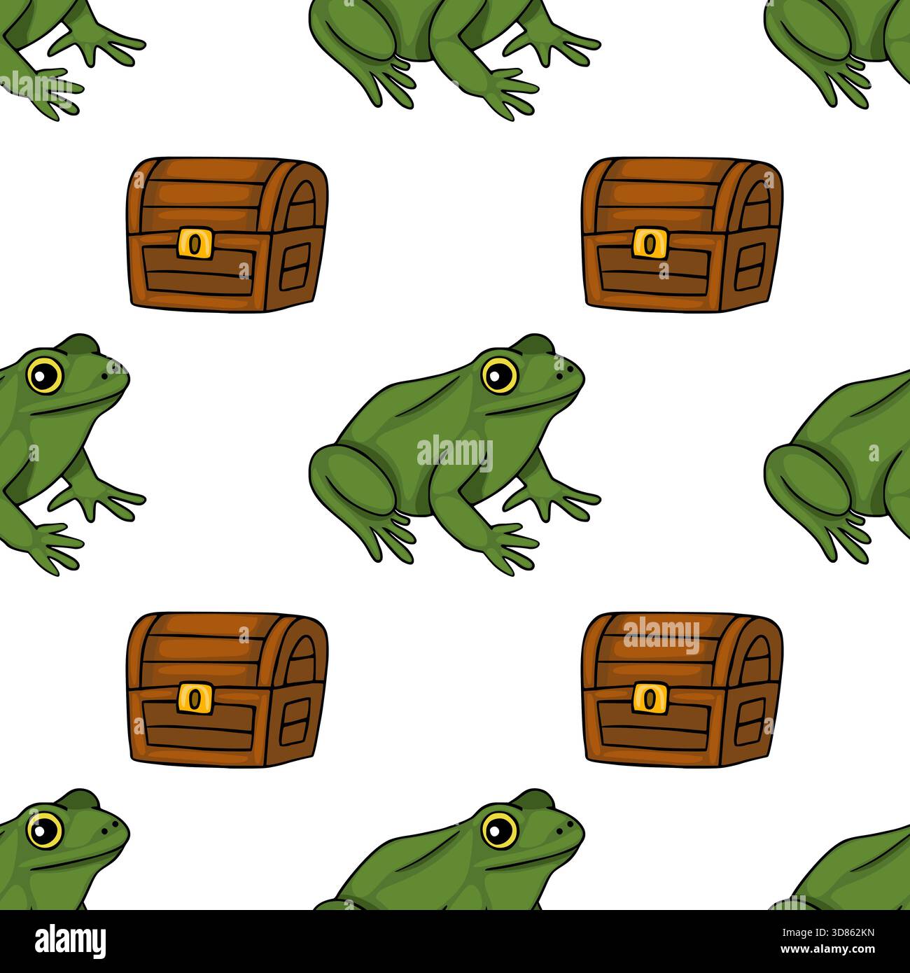 Un motif vectoriel sans couture avec des grenouilles vertes mignonnes et des coffres au trésor sur un fond blanc. Illustration de Vecteur