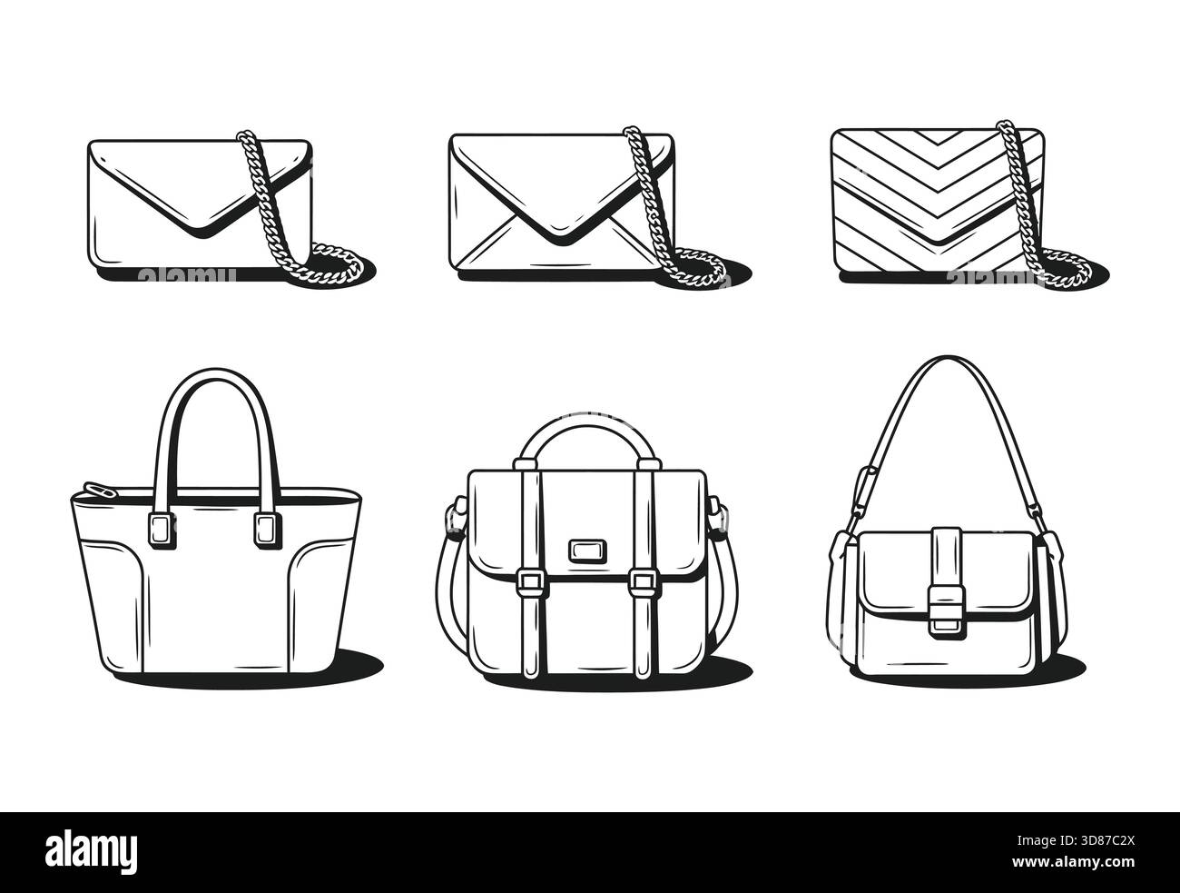 Collection de six sacs à main et sacs à main de mode dessinés à la main Illustration de Vecteur