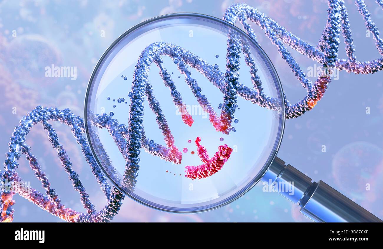 Édition génique, illustration conceptuelle. ADN (acide désoxyribonucléique) double hélice sous loupe. Banque D'Images