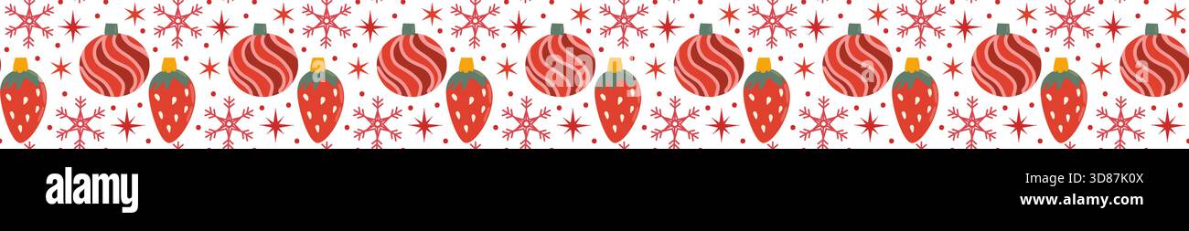 Motif de bordure de Noël avec des éléments festifs - boules et étoiles rouges de fraise, flocons de neige, ornements de noël, icônes d'hiver. Vecteur plat sans couture Illustration de Vecteur