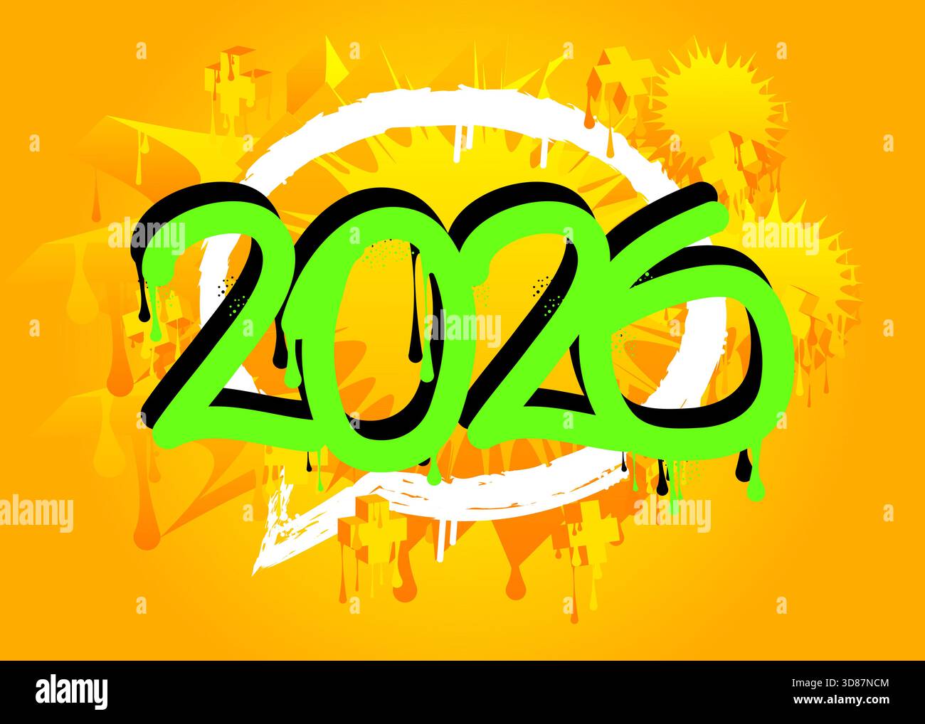 2026 graffitis. Décoration d'art de rue moderne abstraite réalisée dans un style de peinture urbaine. Illustration de Vecteur