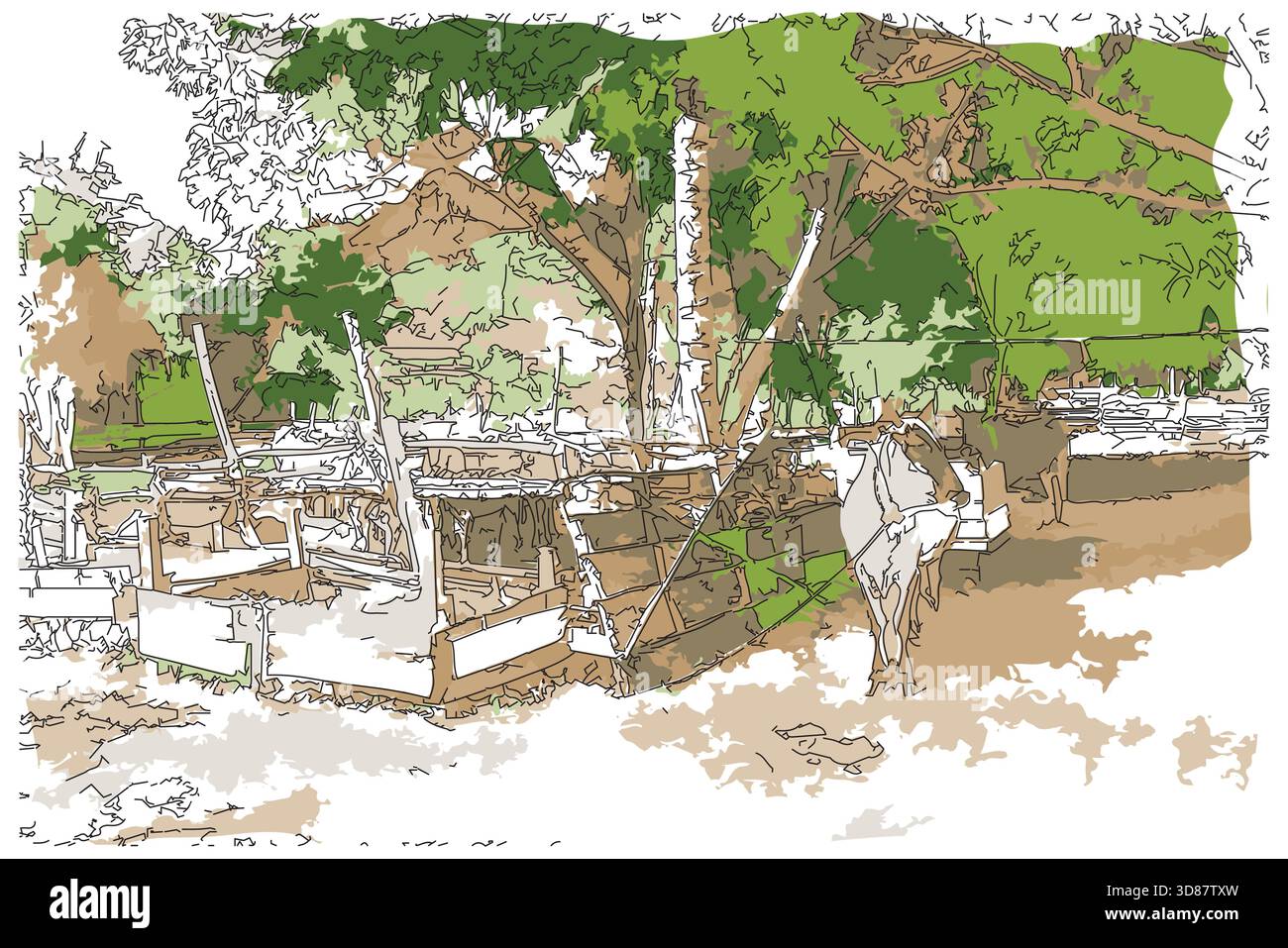 Dessin-style impressionniste peinture, vaches et stylo dans la campagne asiatique, image vectorielle d'illustration numérique Illustration de Vecteur