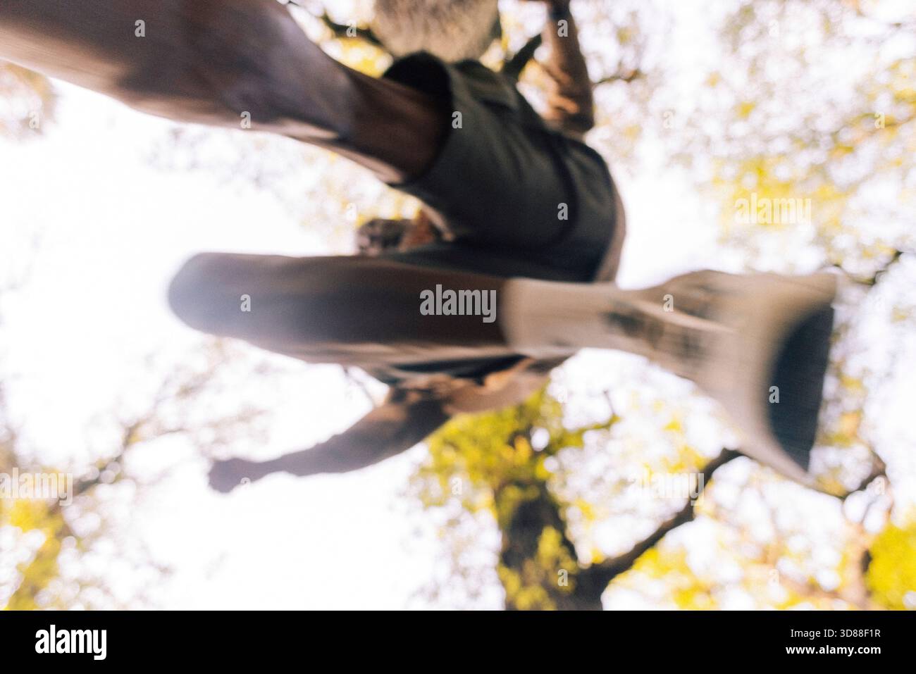 Directement en dessous du mouvement flou de l'homme courant dans la forêt à la journée ensoleillée Banque D'Images