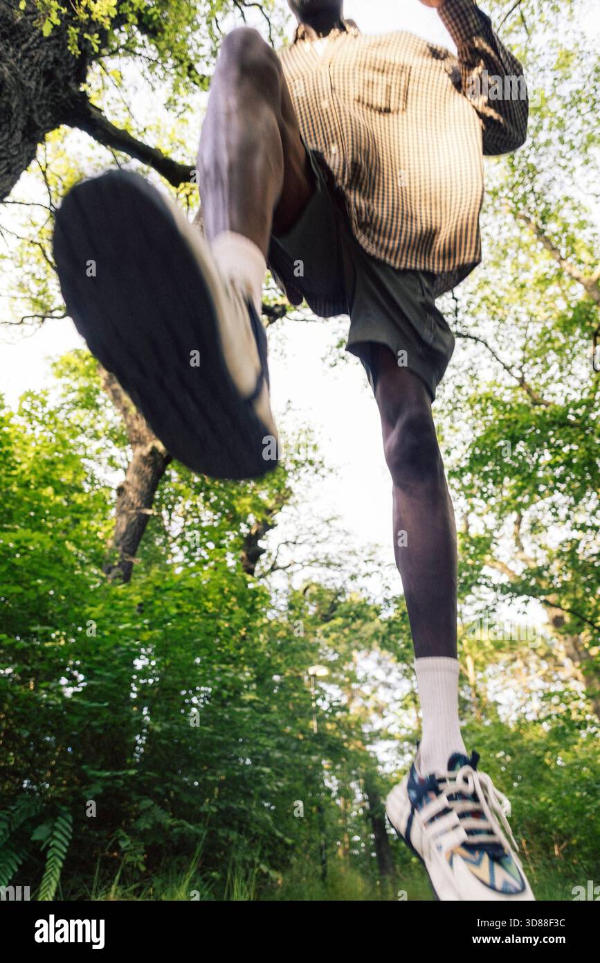Mouvement flou à angle bas de l'homme courant dans la forêt à la journée ensoleillée Banque D'Images