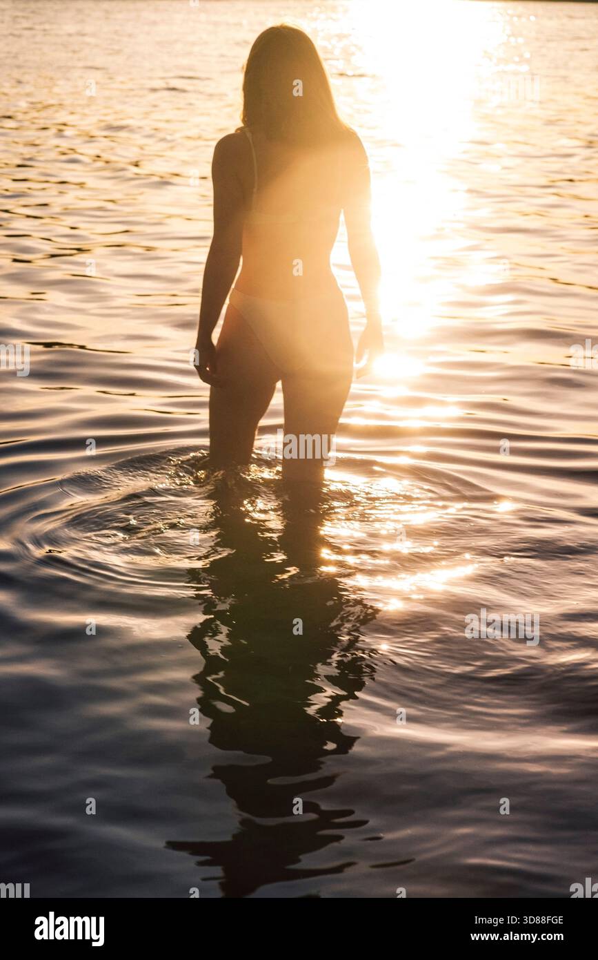 Vue arrière à angle élevé de la femme debout dans l'eau du lac à l'aube Banque D'Images