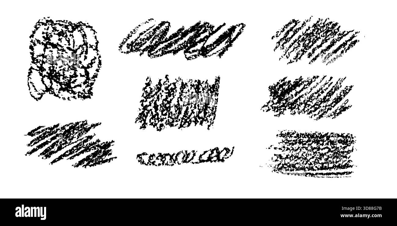 Divers marquages au fusain illustrent des techniques de texture uniques dans un cadre artistique. Les traits audacieux et les taches subtiles montrent efficacement les compétences et Illustration de Vecteur