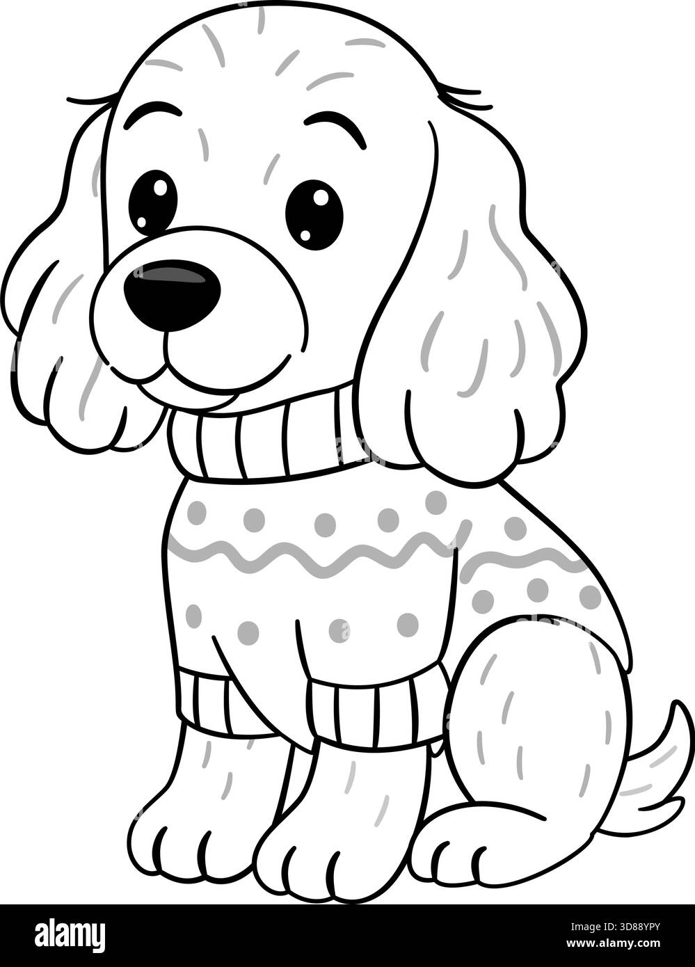 Cocker Spaniel assis et portant un pull tricoté à motifs. Doodle style ligne noir et blanc réglable Idéal pour les illustrations sur le thème des animaux de compagnie, des idées amusantes pour des projets d'artisanat, des pages à colorier. Illustration de Vecteur