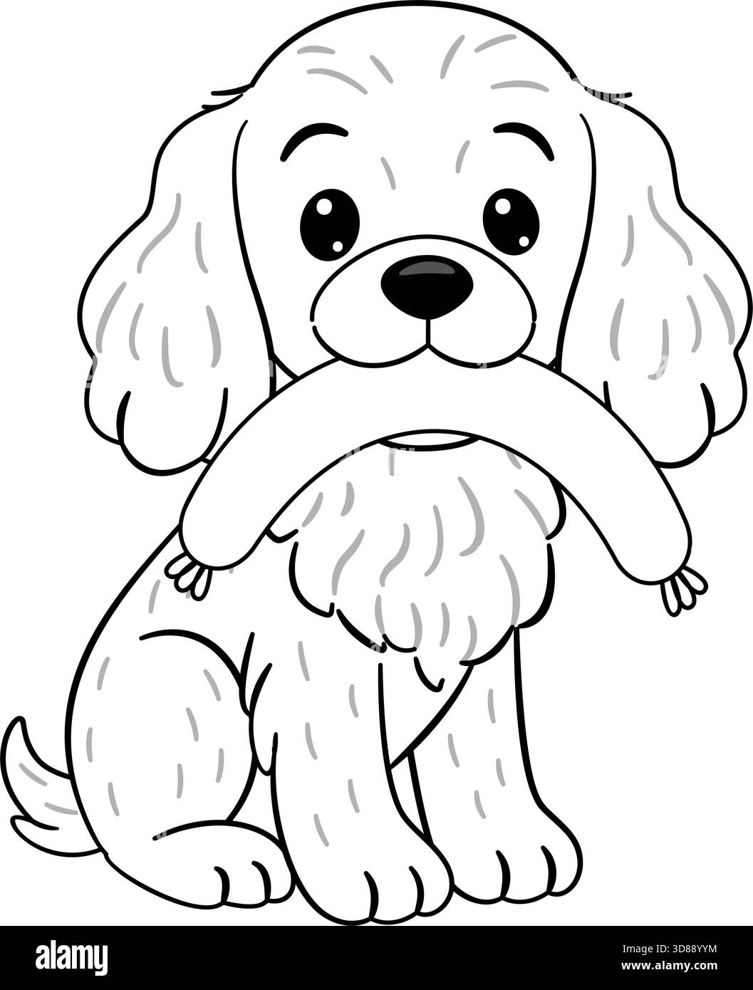 Chien moelleux Cocker Spaniel assis et tenant une saucisse dans sa bouche. Doodle style ligne noir et blanc réglable Idéal pour les illustrations sur le thème des animaux de compagnie, des idées amusantes pour des projets d'artisanat, des pages à colorier. Illustration de Vecteur