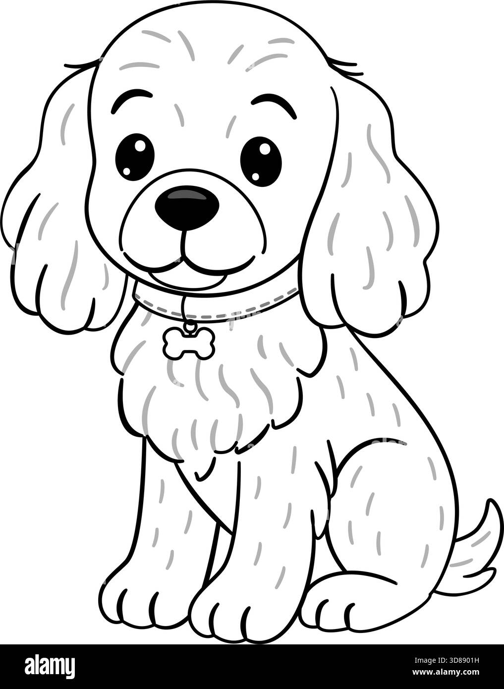 Chien moelleux, Cocker Spaniel assis et portant un collier avec breloque en os. Doodle style ligne noir et blanc réglable Idéal pour les illustrations sur le thème des animaux de compagnie, des idées amusantes pour des projets d'artisanat, des pages à colorier. Illustration de Vecteur