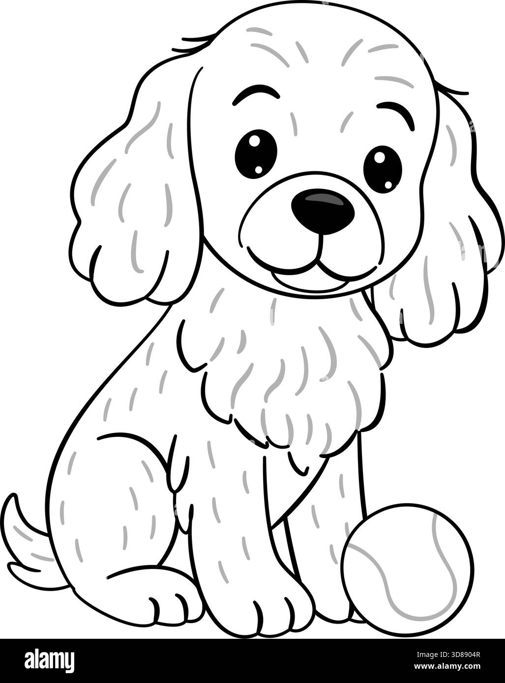 Cute Cocker Spaniel assis poliment avec une balle de tennis. Doodle style ligne noir et blanc réglable Idéal pour les illustrations sur le thème des animaux de compagnie, des idées amusantes pour des projets d'artisanat, des pages à colorier. Illustration de Vecteur