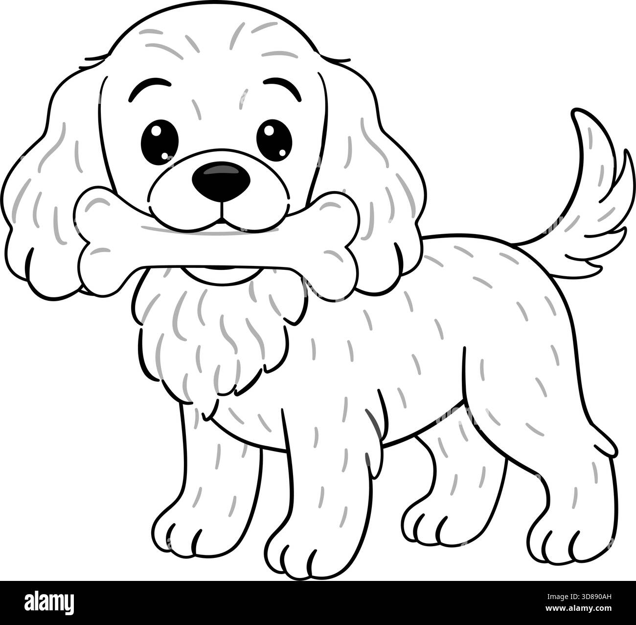 Moelleux Cocker Spaniel mignon debout et tenant l'os dans sa bouche. Doodle style ligne noir et blanc réglable Idéal pour les illustrations sur le thème des animaux de compagnie, des idées amusantes pour des projets d'artisanat, des pages à colorier. Illustration de Vecteur