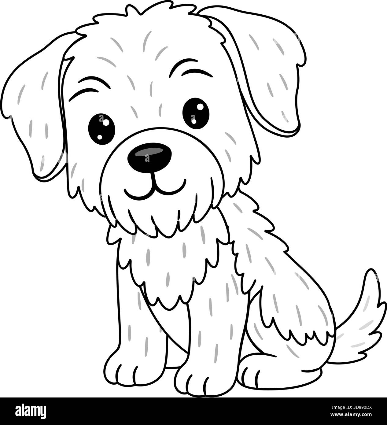 Chiot mignon et moelleux assis poliment et à l'air amical. Doodle style ligne noir et blanc réglable Idéal pour les illustrations sur le thème des animaux de compagnie, des idées amusantes pour des projets d'artisanat, des pages à colorier. Illustration de Vecteur