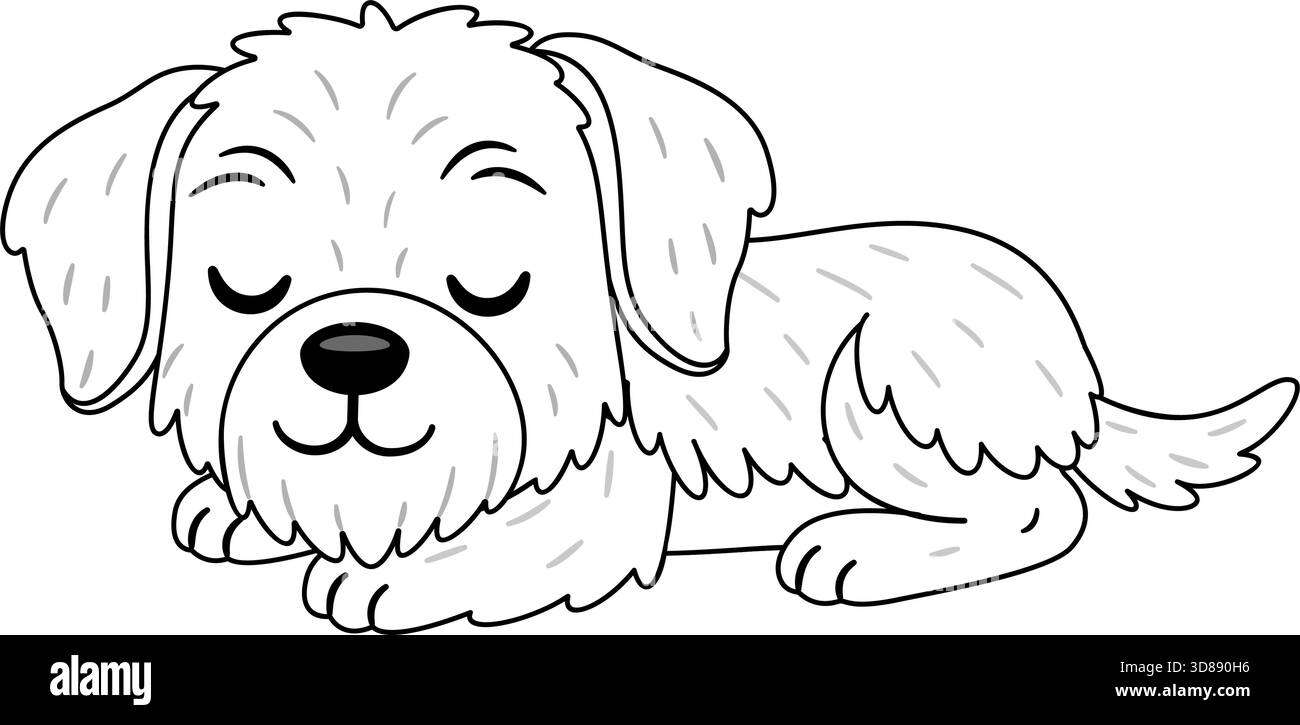 Chien mignon moelleux pointeur slovaque couché et dormant paisiblement. Doodle style ligne noir et blanc réglable Idéal pour les illustrations sur le thème des animaux de compagnie, des idées amusantes pour des projets d'artisanat, des pages à colorier. Illustration de Vecteur