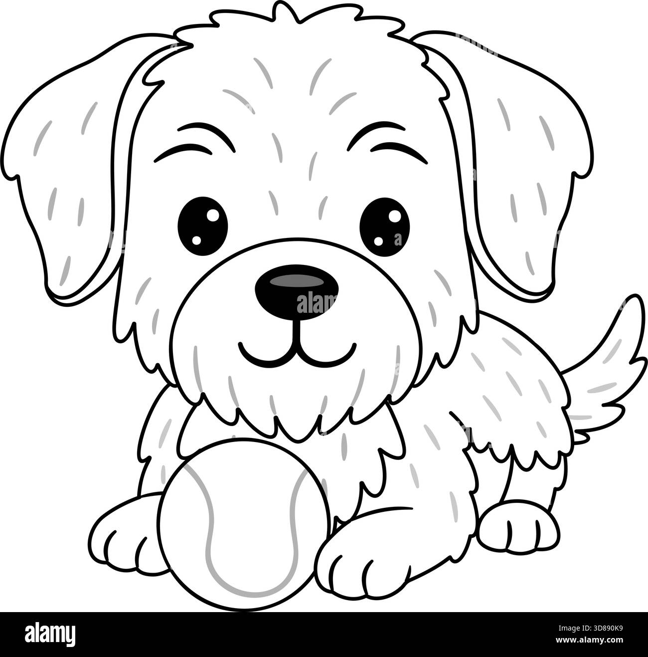 Chiot moelleux pointeur slovaque ou race similaire assis avec une balle de tennis. Doodle style ligne noir et blanc réglable Idéal pour les illustrations sur le thème des animaux de compagnie, des idées amusantes pour des projets d'artisanat, des pages à colorier. Illustration de Vecteur