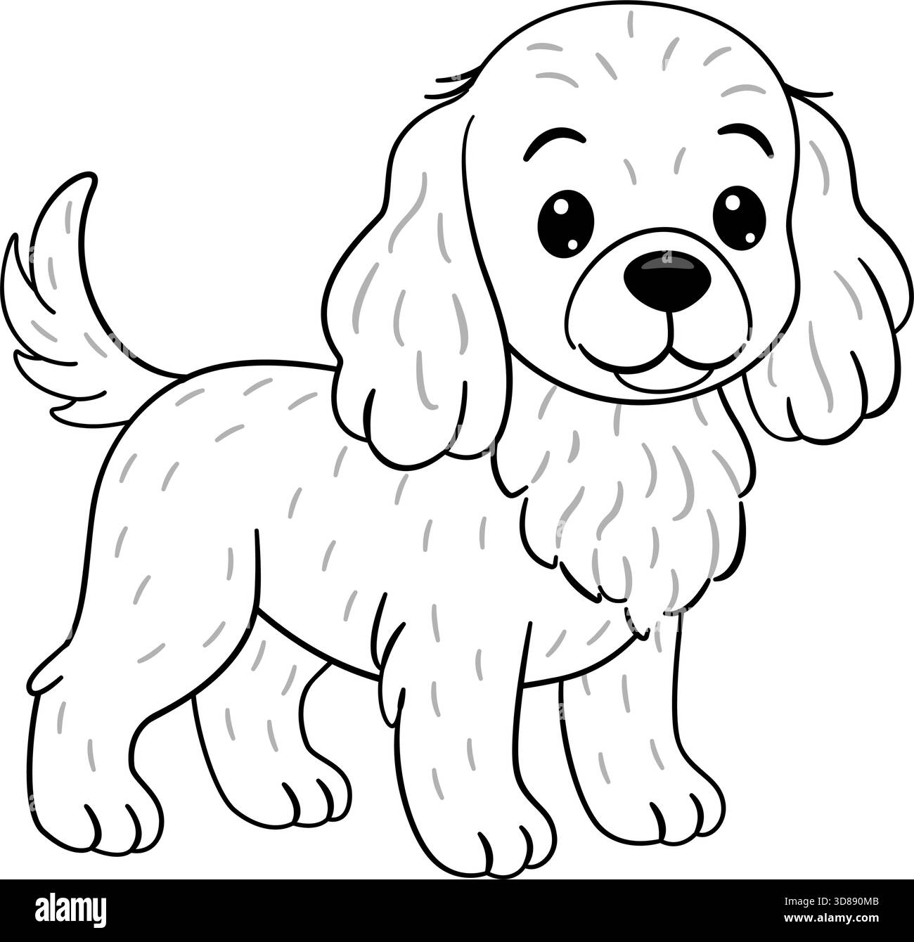 Chien mignon, Cocker Spaniel debout et amical avec queue agitée. Doodle style ligne noir et blanc réglable Idéal pour les illustrations sur le thème des animaux de compagnie, des idées amusantes pour des projets d'artisanat, des pages à colorier. Illustration de Vecteur