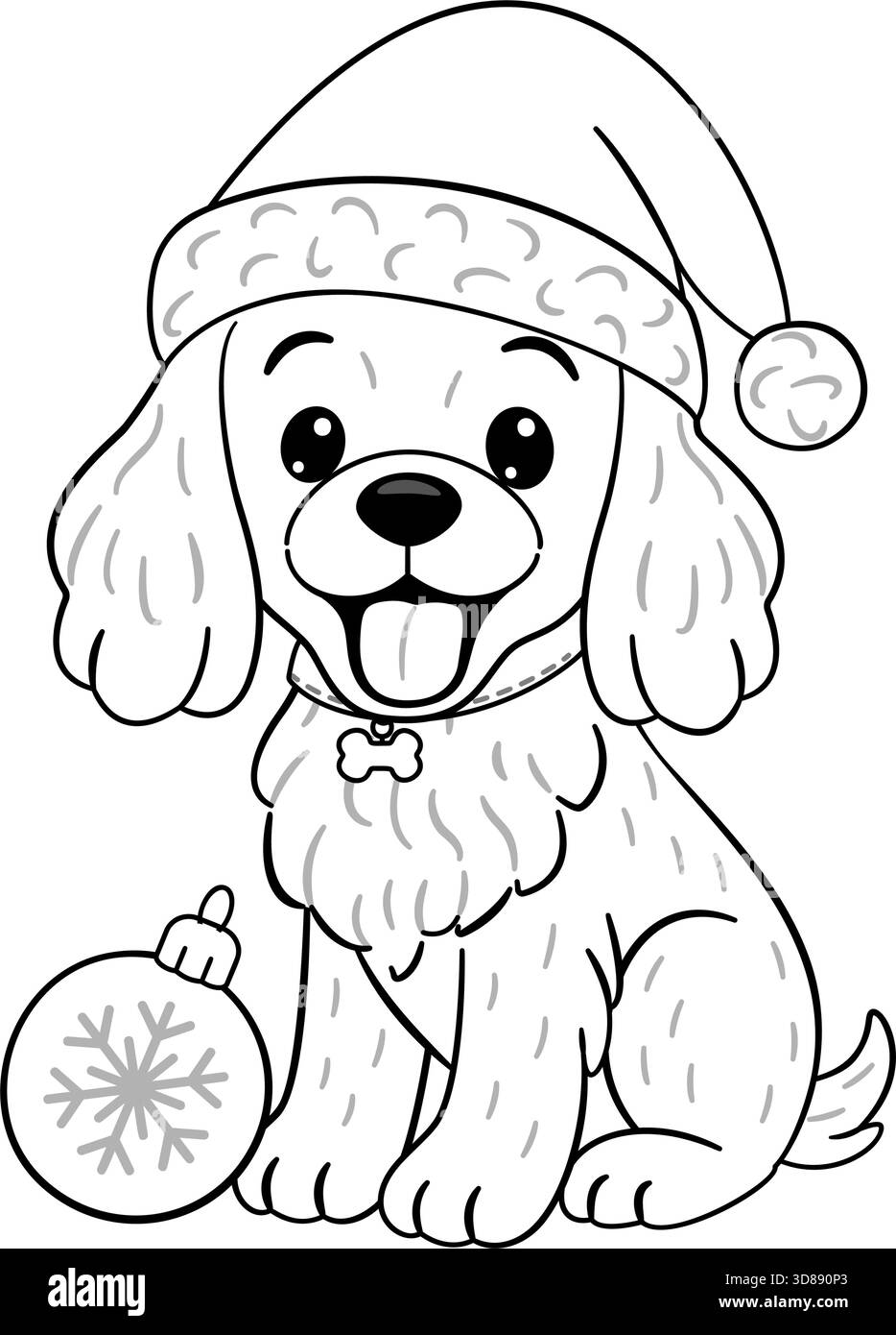 Joli Cocker Spaniel assis et portant un chapeau de Père Noël, posant avec une boule de Noël. Doodle style ligne noir et blanc réglable Idéal pour les illustrations sur le thème des animaux de compagnie, des idées amusantes pour des projets d'artisanat, des pages à colorier Illustration de Vecteur