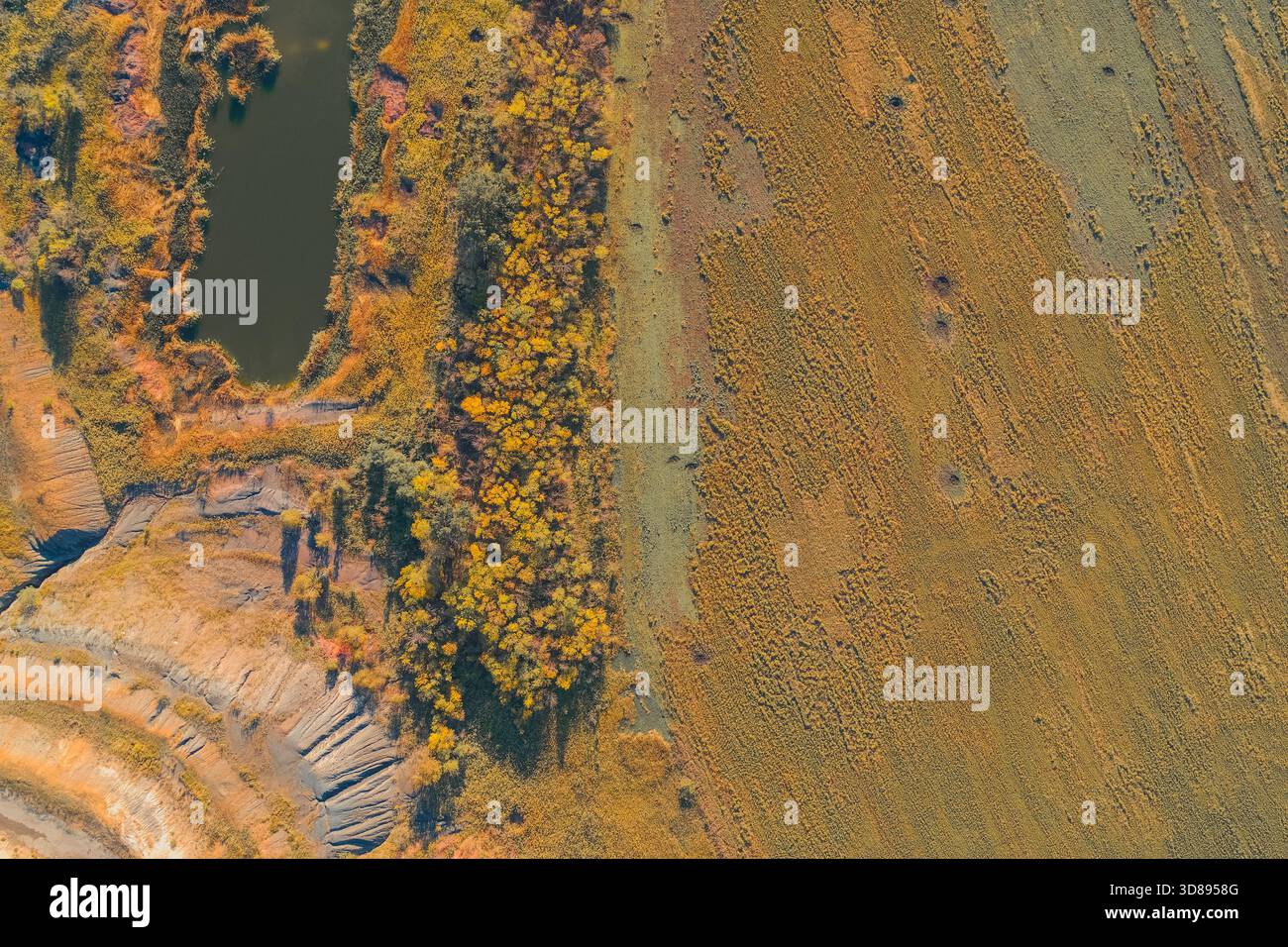 Résumé drone frontière nette entre une carrière industrielle en terrasses et un champ agricole. Les arbres d'automne et un petit étang soulignent le contraste entre la nature, l'exploitation minière et l'utilisation humaine des terres Banque D'Images